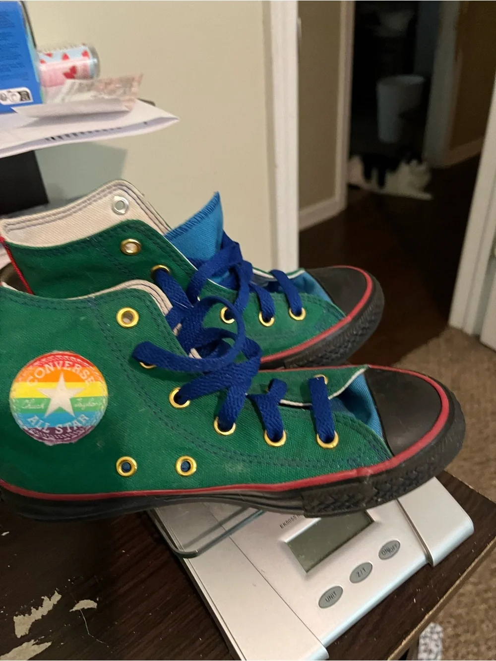 Converse Kids Green High-Top Sneakers with Rainbow Patch and Blue Laces